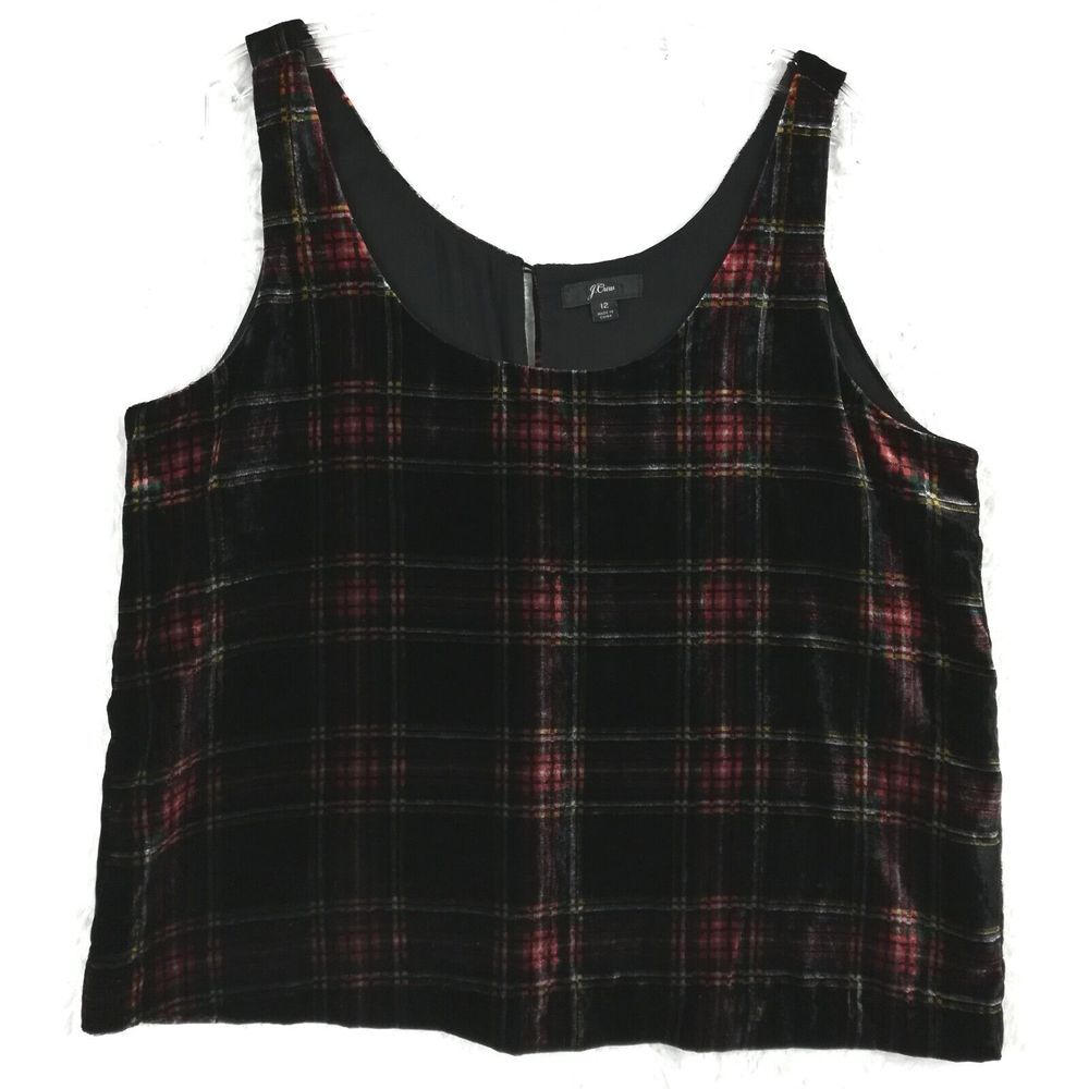 J. Crew Womens Blouse Top Sleeveless Crop‎ Velour Black Plaid Lined Academic 12